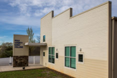 A view of the Polk County Early College addition showing the stepped facade.