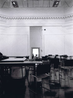 Before the renovation, the Brooks Hall rotunda had small entrances on the north and south sides. Additionally, a dropped ceiling obscured the dome from within the rotunda.