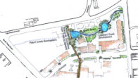 One of the sketches of possible development of the Palmer Street area in downtown Tryon. This sketch proposes a park near Palmer Street, at the intersection of E. Howard Street and Maple Street. The proposal includes water features created from Lockhart Creek, which could run through the area.
