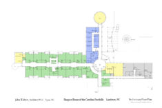 A floor plan of the Smith Phayer Hospice House showing the organization of the facility. Twelve resident rooms are in the southwest wing, administrative offices and a chapel in the northwest wing, and a dining room, kitchen, and various mechanical rooms in the northeast wing.