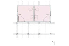 A floor plan of the Rogers Park Comfort Station showing two restrooms, each with a sink and toilet.